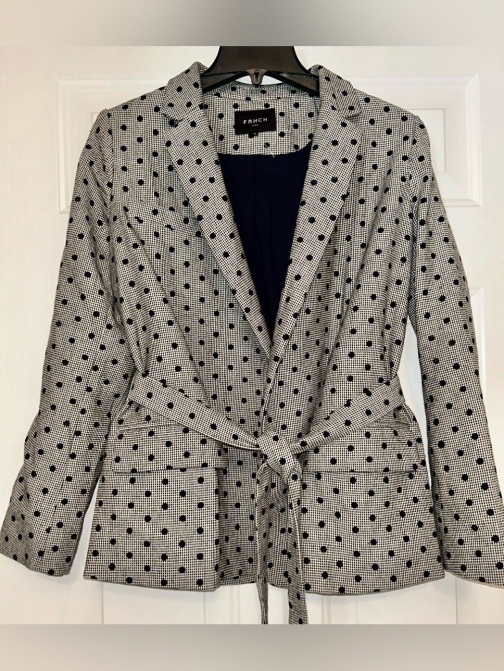 FRNCH Houndstooth Polka Dot Tie-Waist Blazer M Navy White Career Contemporary